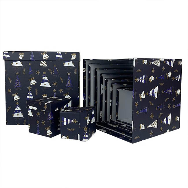 Набор коробок Куб 10 шт. 26,5*26,5*26,5 см.  Елки и подарки на черном  SY601-2106NG