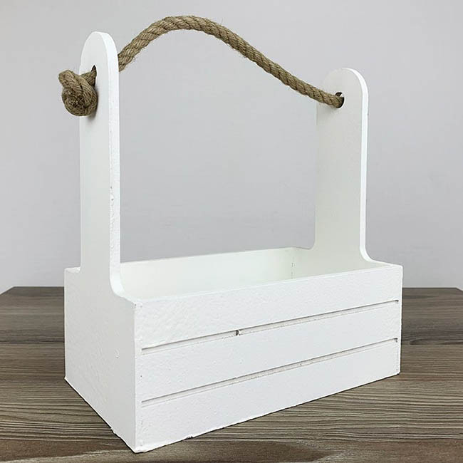 Ящик деревянный - кашпо для цветов с канатом 21,5*12*8/23 см. Белый  В92008