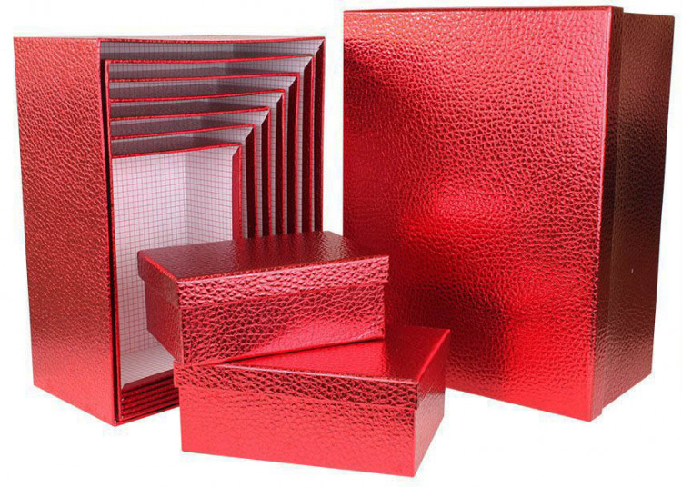 Набор коробок Прямоугольник 10 шт. 37*29*16 см. Тисненый красный  SY605-RED