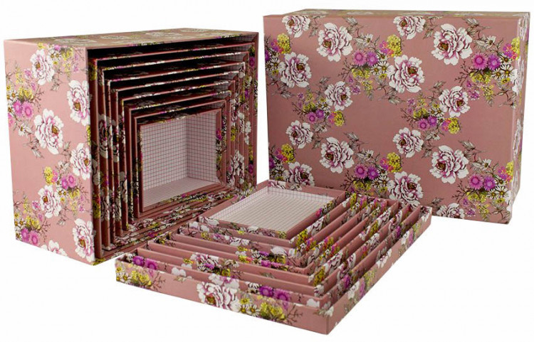 Набор коробок Прямоугольник 10 шт. 37*29*16 см. Цветы на розовом  SY605-1480