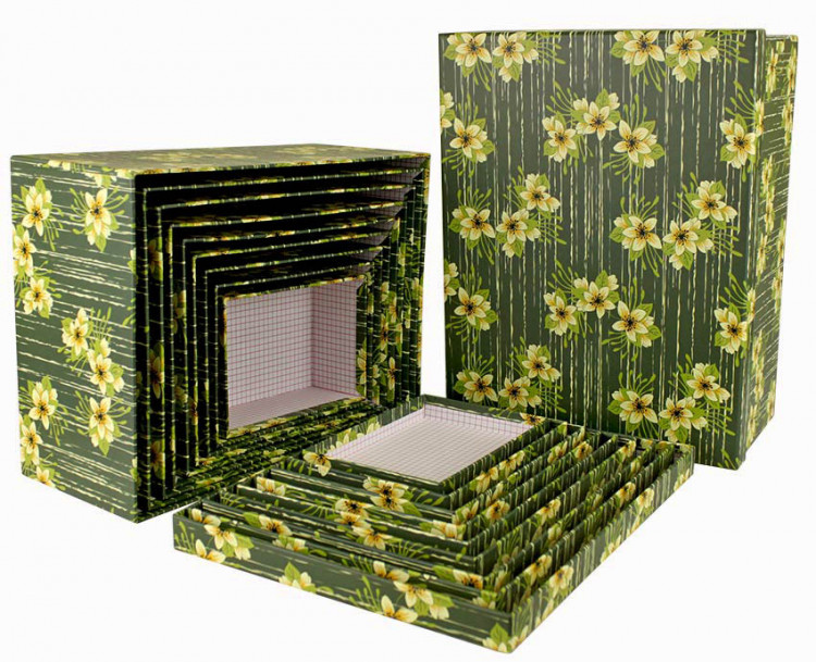Набор коробок Прямоугольник 10 шт. 37*29*16 см. Цветы на темно-зеленом  SY605-1560