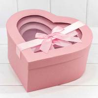 Набор коробок Сердце с окошком 3 шт. 25,8*24,5*12 см. С бантом розовое  ТО-720742/2