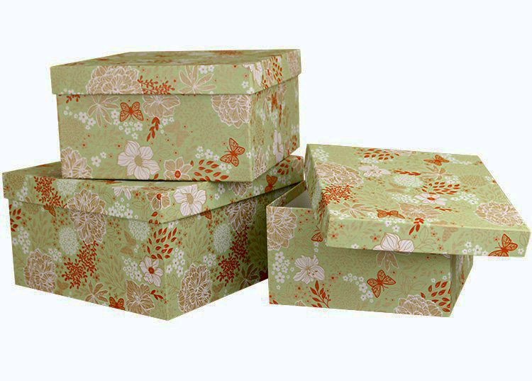 Набор коробок Квадрат 3 шт. 19,5*19,5*11 см. Люкс цветы на зеленом  Пин75К/Люкс/ЦЗ