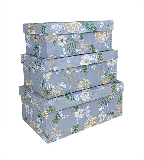 Набор коробок Прямоугольник 3 шт. 23*16*9,5 см. Люкс цветы на синем  Пин74К/ЦС/Люкс