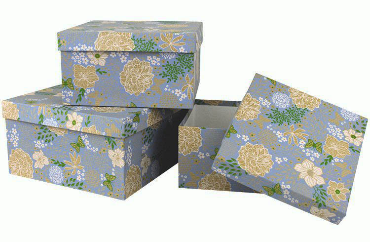 Набор коробок Квадрат 3 шт. 19,5*19,5*11 см. Люкс цветы на синем  Пин75К/Люкс/ЦС