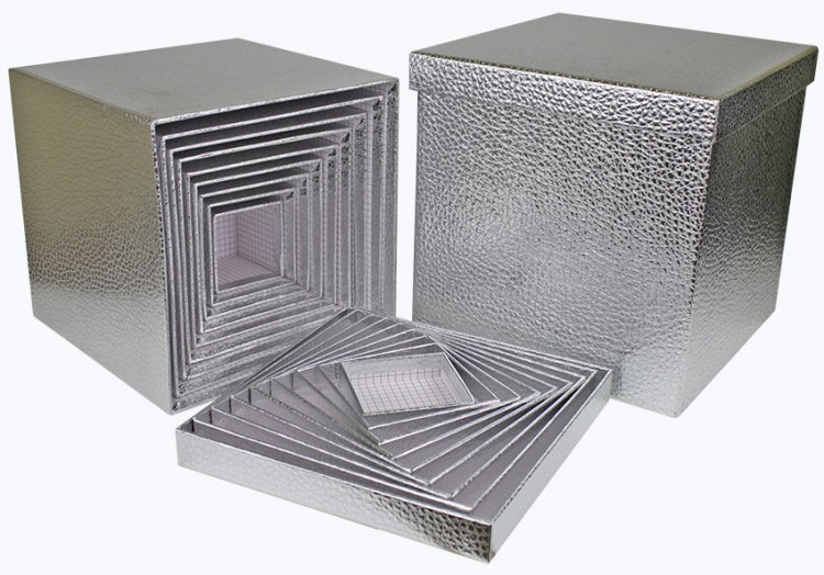 Набор коробок Куб 10 шт. 26,5*26,5*26,5 см. Тисненый серебряный  SY601-Silver