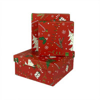 Набор коробок Квадрат 3 шт. 15*15*6,9 см. Елки и подарки на красном  SY2274-2110NG
